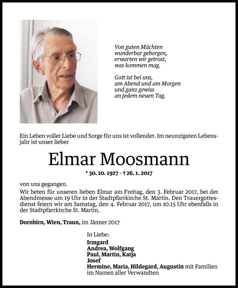  Todesanzeige für Elmar Moosmann vom 31.01.2017 aus Vorarlberger Nachrichten