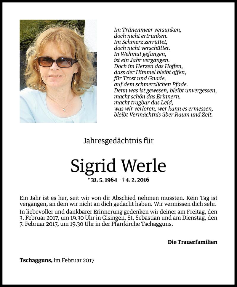  Todesanzeige für Sigrid Werle vom 01.02.2017 aus Vorarlberger Nachrichten