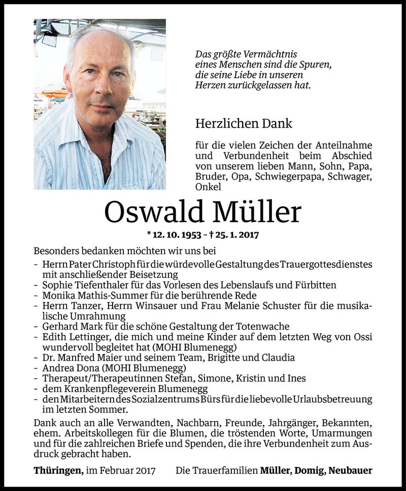  Todesanzeige für Oswald Müller vom 02.02.2017 aus Vorarlberger Nachrichten