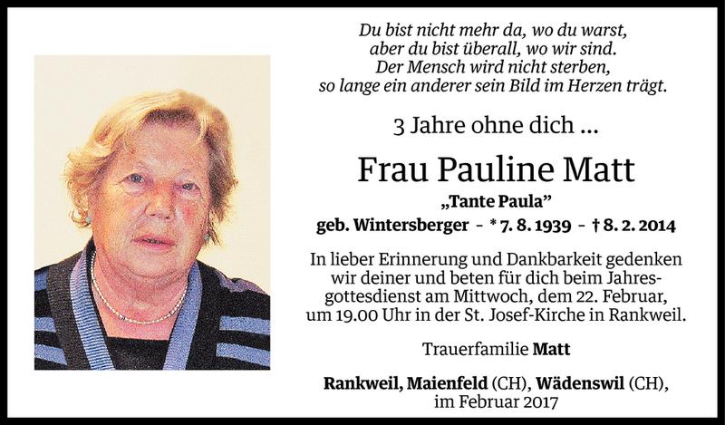  Todesanzeige für Pauline Matt vom 20.02.2017 aus Vorarlberger Nachrichten