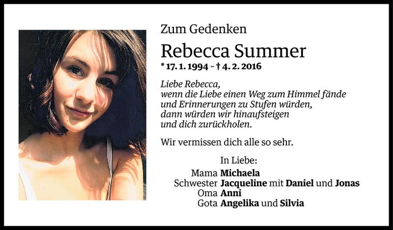  Todesanzeige für Rebecca Summer vom 03.02.2017 aus Vorarlberger Nachrichten