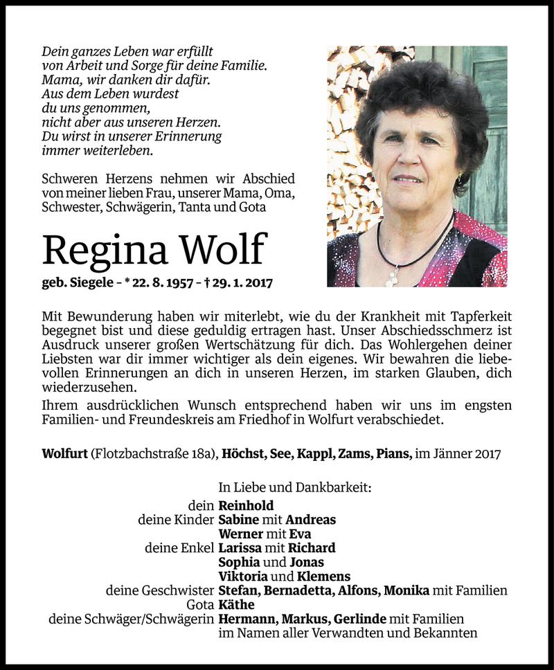  Todesanzeige für Regina Wolf vom 03.02.2017 aus Vorarlberger Nachrichten