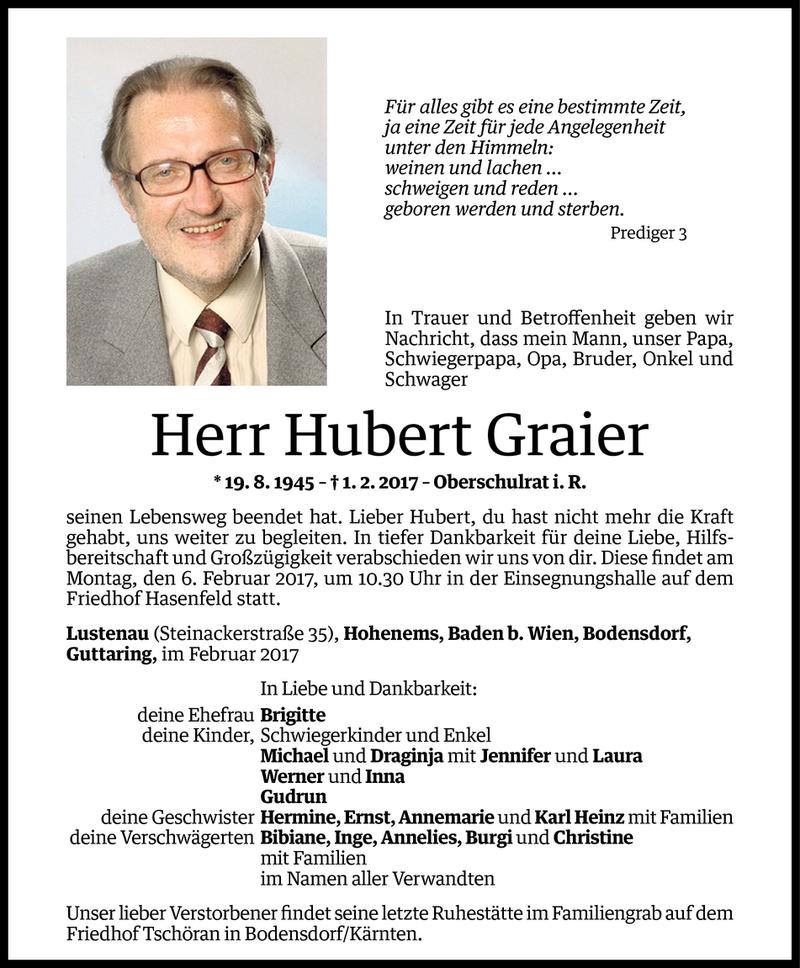  Todesanzeige für Hubert Graier vom 03.02.2017 aus Vorarlberger Nachrichten
