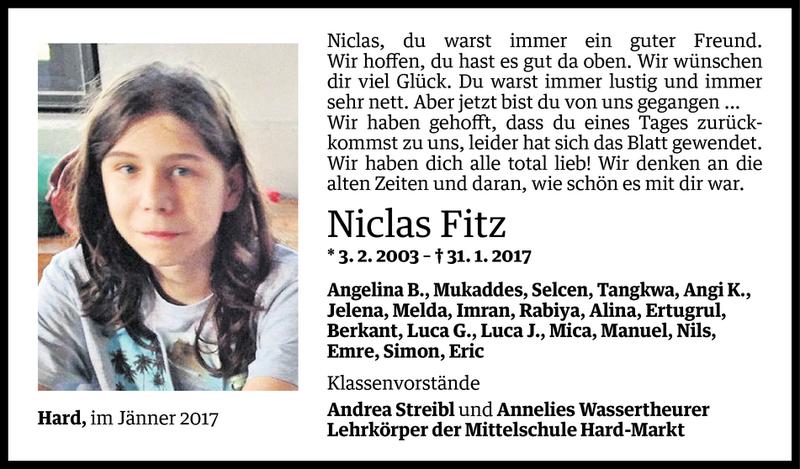  Todesanzeige für Niclas Fitz vom 04.02.2017 aus Vorarlberger Nachrichten