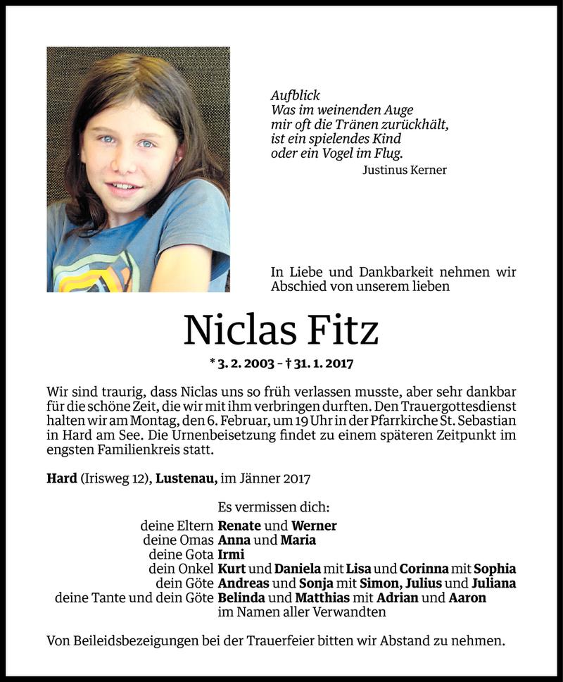  Todesanzeige für Niclas Fitz vom 03.02.2017 aus Vorarlberger Nachrichten