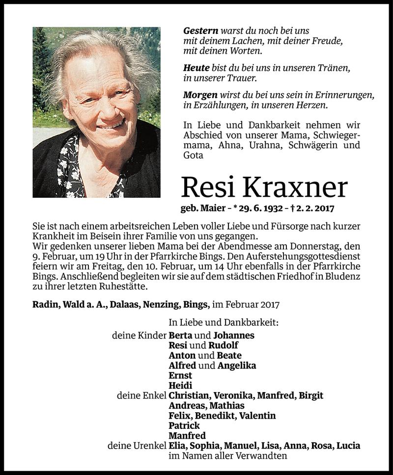  Todesanzeige für Resi Kraxner vom 07.02.2017 aus Vorarlberger Nachrichten