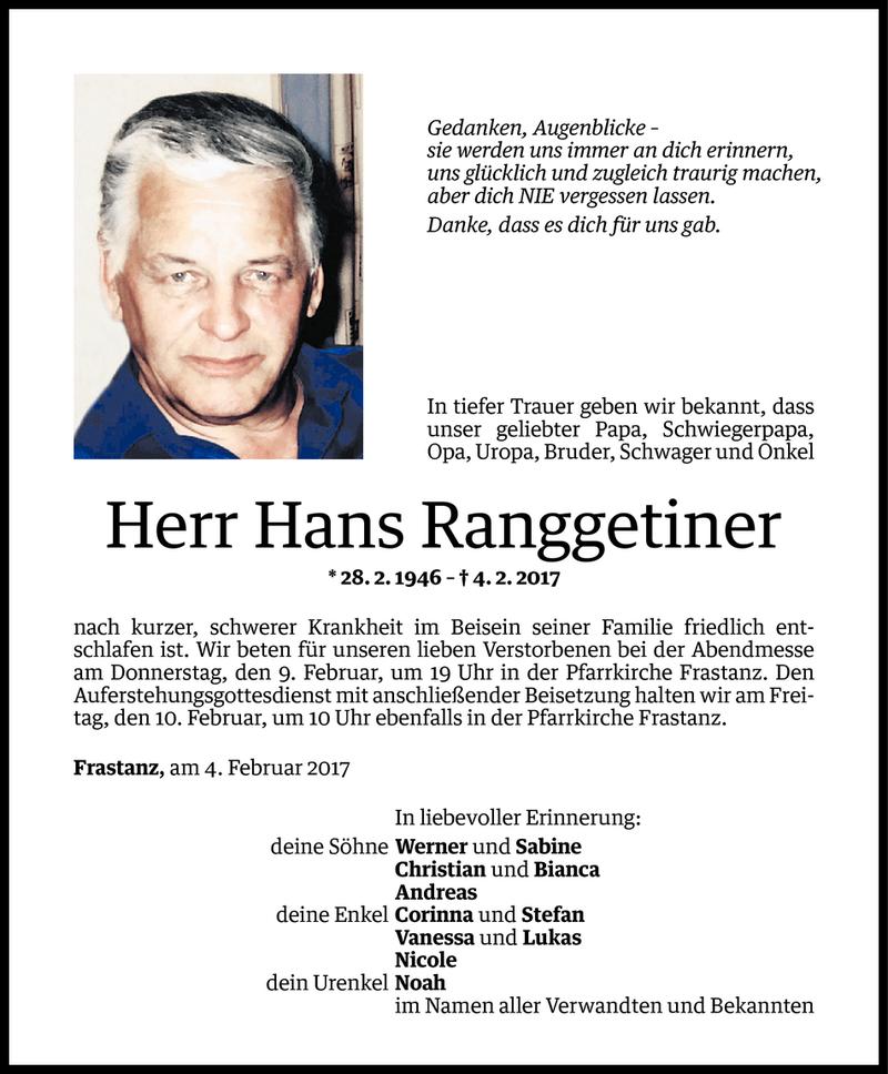  Todesanzeige für Hans Ranggetiner vom 07.02.2017 aus Vorarlberger Nachrichten