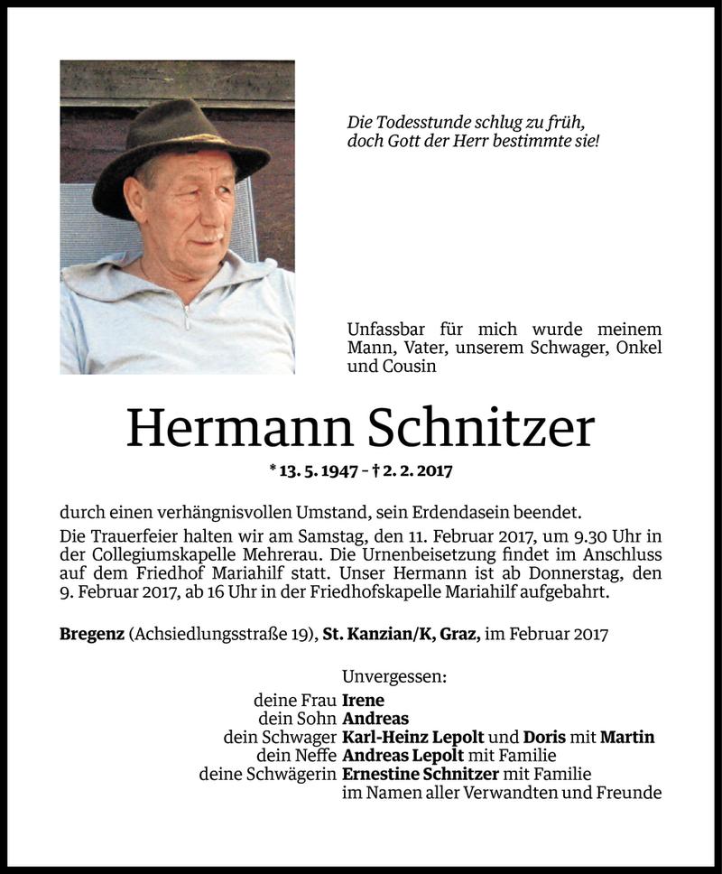  Todesanzeige für Hermann Schnitzer vom 07.02.2017 aus Vorarlberger Nachrichten