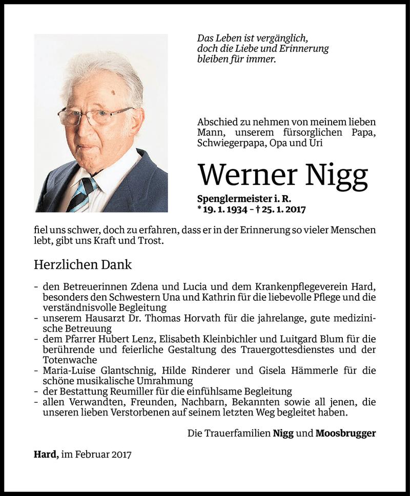  Todesanzeige für Werner Nigg vom 10.02.2017 aus Vorarlberger Nachrichten