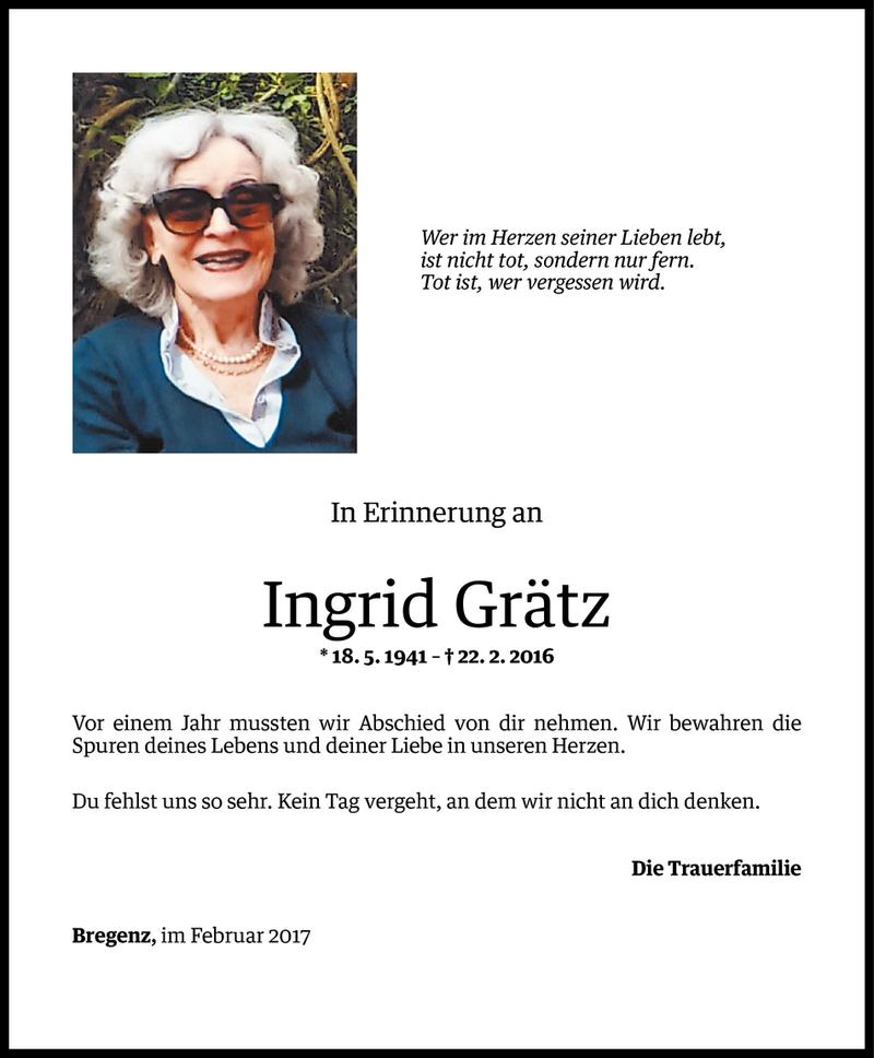  Todesanzeige für Ingrid Grätz vom 10.02.2017 aus Vorarlberger Nachrichten