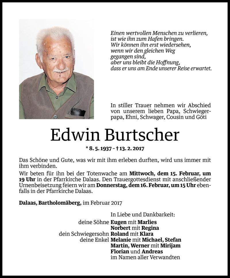  Todesanzeige für Edwin Burtscher vom 14.02.2017 aus Vorarlberger Nachrichten