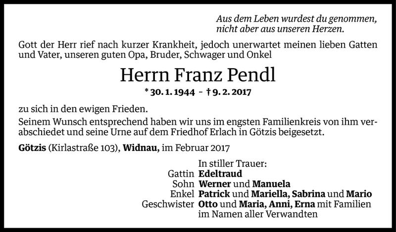  Todesanzeige für Franz Pendl vom 18.02.2017 aus Vorarlberger Nachrichten