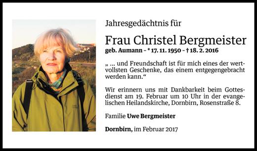Todesanzeige von Christel Bergmeister von Vorarlberger Nachrichten