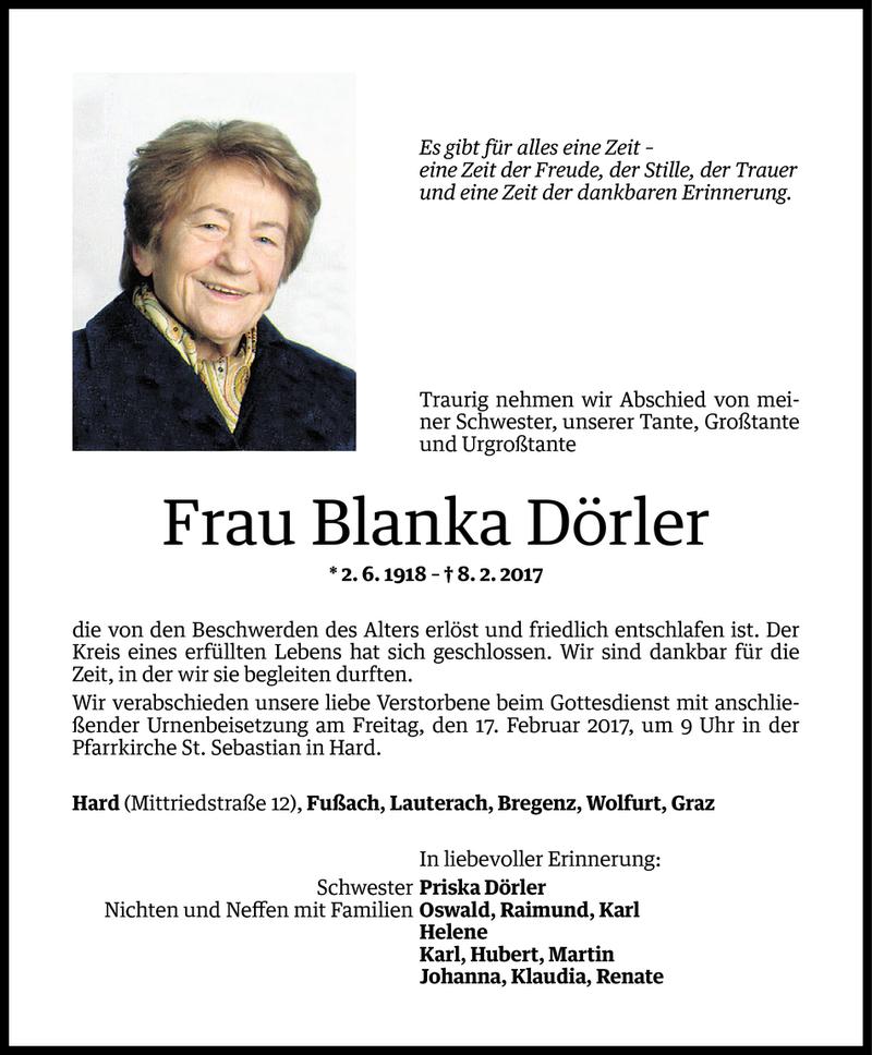  Todesanzeige für Blanka Dörler vom 14.02.2017 aus Vorarlberger Nachrichten