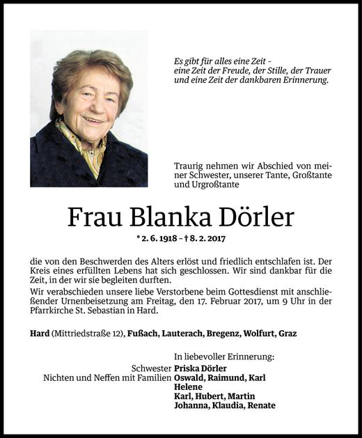 Todesanzeige von Blanka Dörler von Vorarlberger Nachrichten