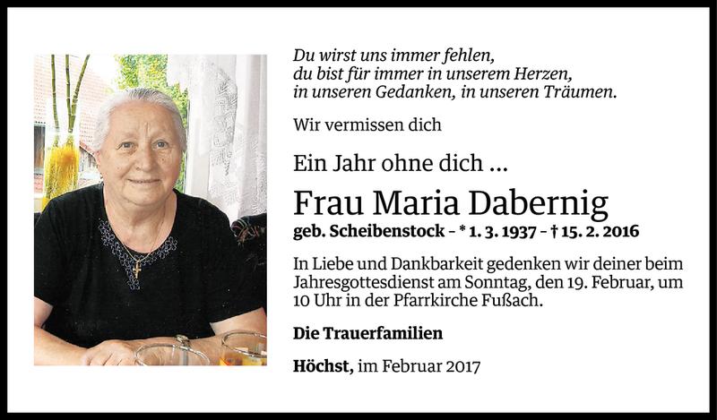  Todesanzeige für Maria Dabernig vom 16.02.2017 aus Vorarlberger Nachrichten