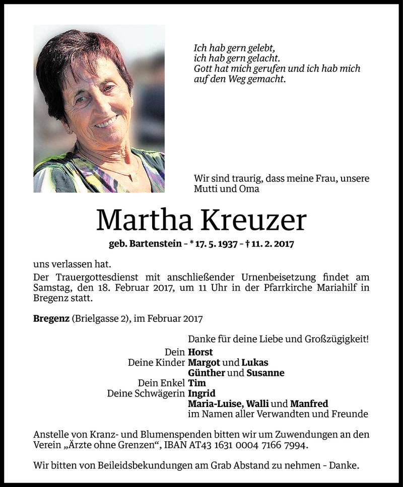  Todesanzeige für Martha Kreuzer­ vom 15.02.2017 aus Vorarlberger Nachrichten