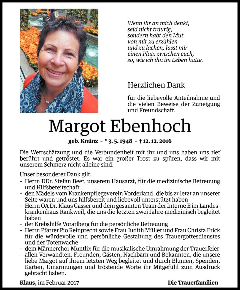 Todesanzeige für Margot Ebenhoch vom 17.02.2017 aus Vorarlberger Nachrichten