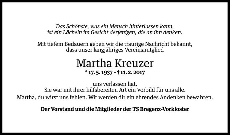  Todesanzeige für Martha Kreuzer­ vom 16.02.2017 aus Vorarlberger Nachrichten