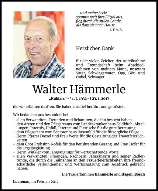 Todesanzeige von Walter Hämmerle von Vorarlberger Nachrichten