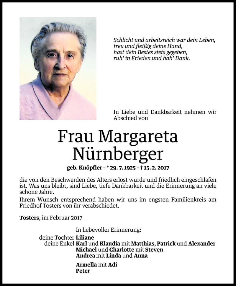  Todesanzeige für Margareta Nürnberger vom 21.02.2017 aus Vorarlberger Nachrichten