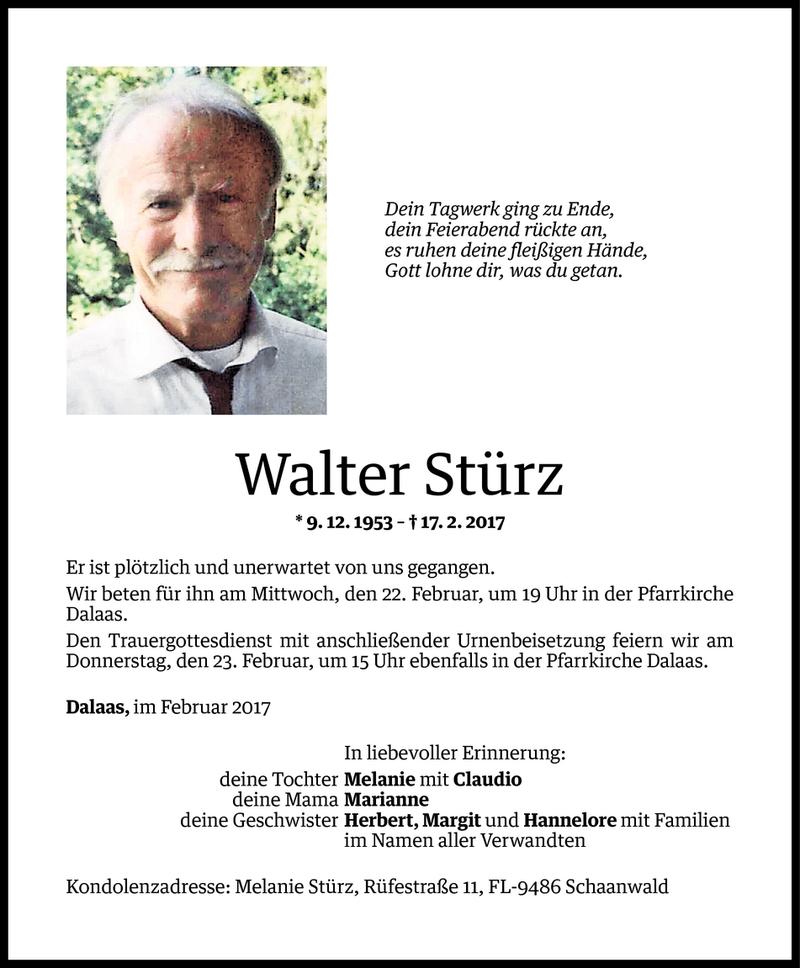  Todesanzeige für Walter Stürz vom 20.02.2017 aus Vorarlberger Nachrichten