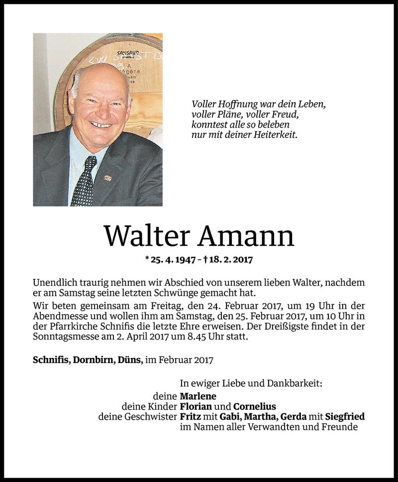  Todesanzeige für Walter Amann vom 21.02.2017 aus Vorarlberger Nachrichten