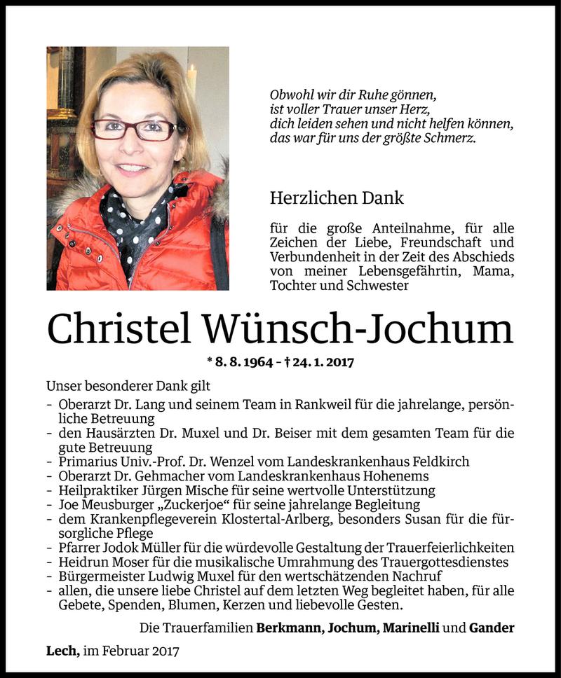  Todesanzeige für Christel Jochum-Wünsch vom 25.02.2017 aus Vorarlberger Nachrichten