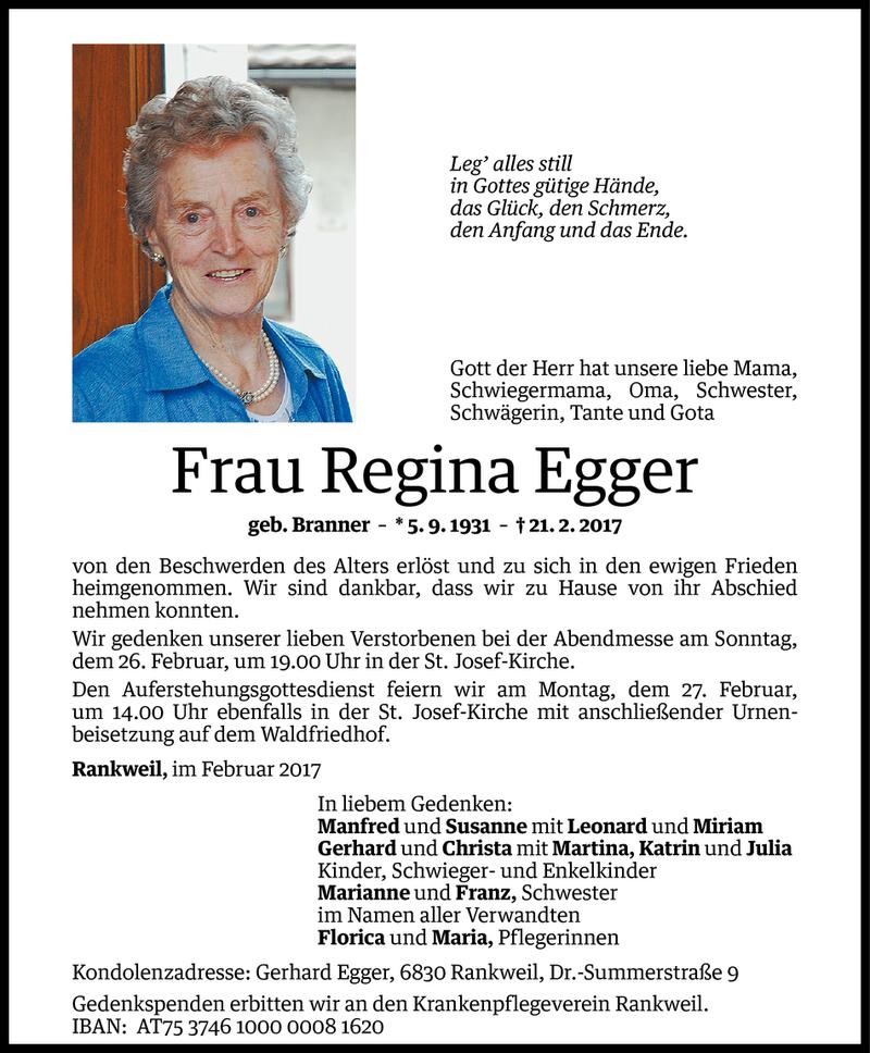 Todesanzeigen von Regina Egger | Todesanzeigen Vorarlberger Nachrichten