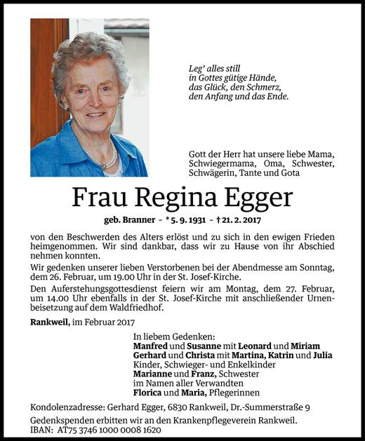 Todesanzeige von Regina Egger von Vorarlberger Nachrichten