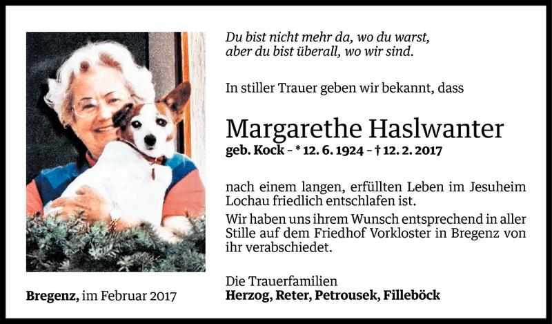  Todesanzeige für Margarethe Haslwanter vom 25.02.2017 aus Vorarlberger Nachrichten