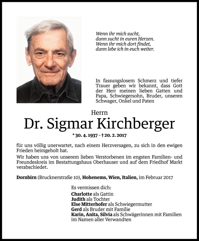  Todesanzeige für Sigmar Kirchberger vom 24.02.2017 aus Vorarlberger Nachrichten