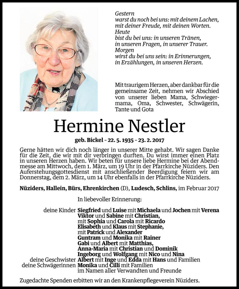  Todesanzeige für Hermine Nestler vom 25.02.2017 aus Vorarlberger Nachrichten