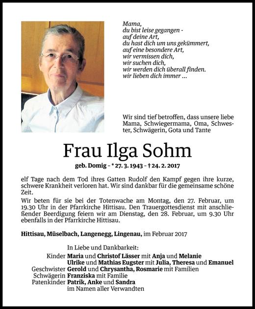 Todesanzeige von Ilga Sohm von Vorarlberger Nachrichten