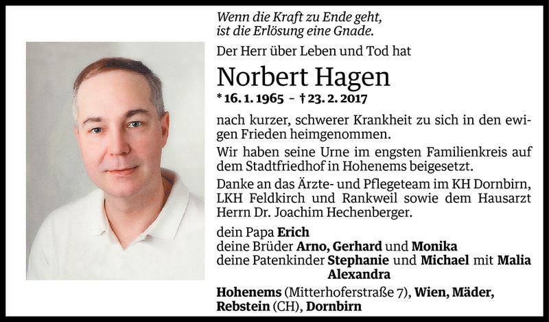  Todesanzeige für Norbert Hagen vom 02.03.2017 aus Vorarlberger Nachrichten