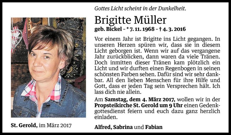  Todesanzeige für Brigitte Müller vom 01.03.2017 aus Vorarlberger Nachrichten