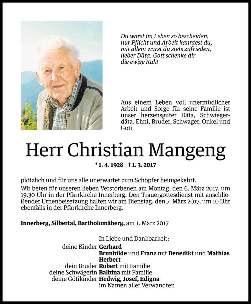  Todesanzeige für Christian Mangeng vom 03.03.2017 aus Vorarlberger Nachrichten