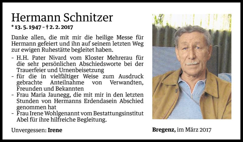  Todesanzeige für Hermann Schnitzer vom 03.03.2017 aus Vorarlberger Nachrichten