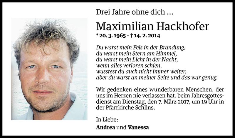  Todesanzeige für Maximilian Hackhofer vom 03.03.2017 aus Vorarlberger Nachrichten