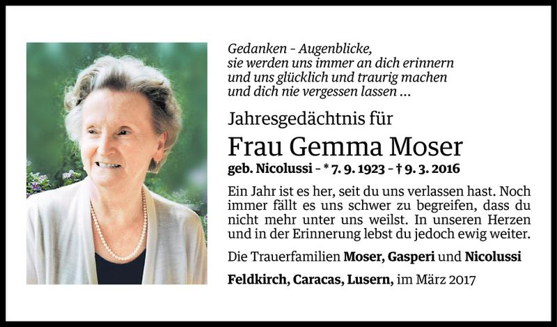  Todesanzeige für Gemma Moser vom 08.03.2017 aus Vorarlberger Nachrichten