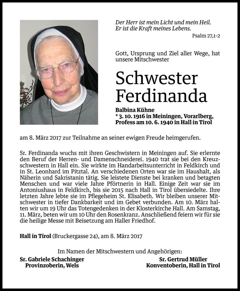  Todesanzeige für Ferdinanda Kühne vom 09.03.2017 aus Vorarlberger Nachrichten