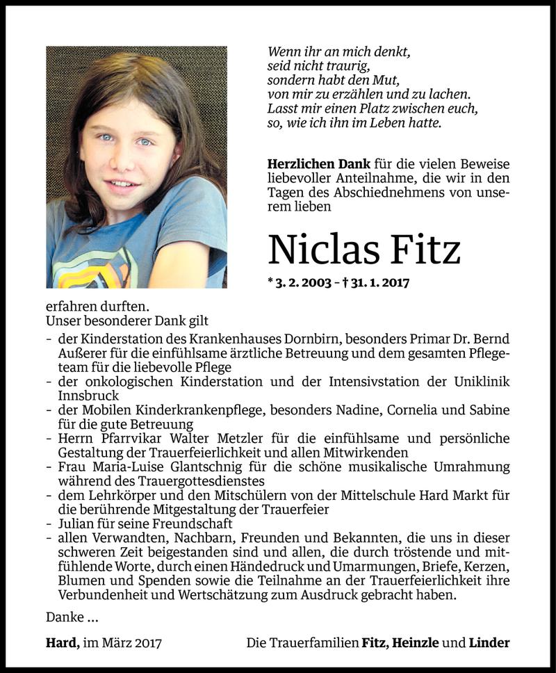  Todesanzeige für Niclas Fitz vom 17.03.2017 aus Vorarlberger Nachrichten