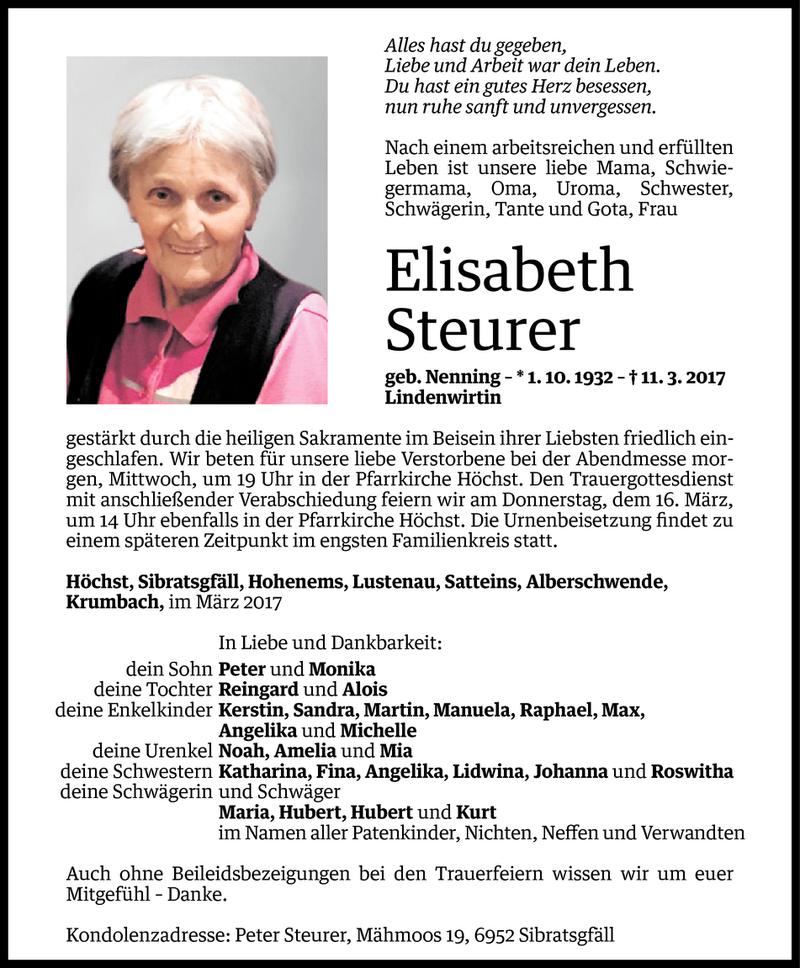 Todesanzeigen von Elisabeth Steurer | Todesanzeigen Vorarlberger ...