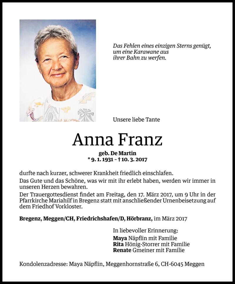  Todesanzeige für Anna Franz vom 14.03.2017 aus Vorarlberger Nachrichten