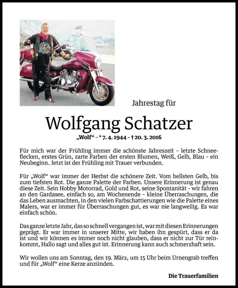  Todesanzeige für Wolfgang Schatzer vom 14.03.2017 aus Vorarlberger Nachrichten