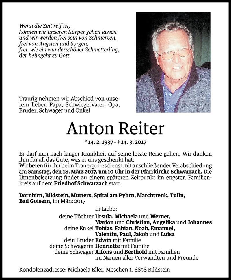  Todesanzeige für Anton Reiter vom 15.03.2017 aus Vorarlberger Nachrichten