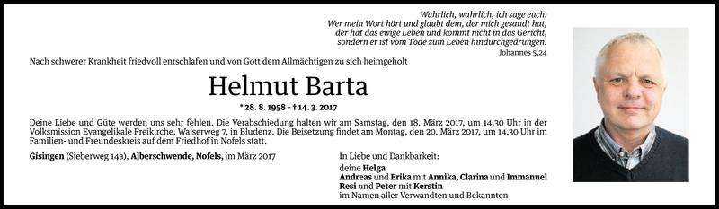 Todesanzeige für Helmut Barta vom 16.03.2017 aus Vorarlberger Nachrichten