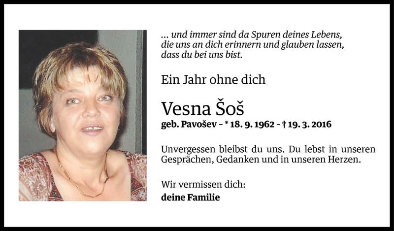  Todesanzeige für Vesna Šoš vom 17.03.2017 aus Vorarlberger Nachrichten