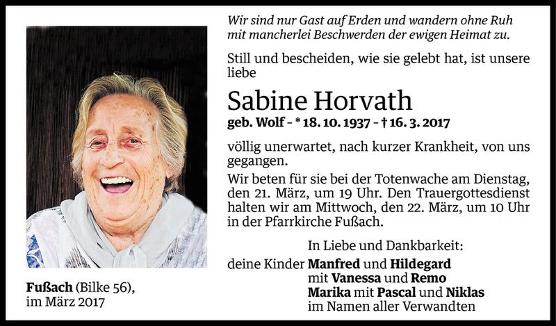  Todesanzeige für Sabine Horvath vom 17.03.2017 aus Vorarlberger Nachrichten