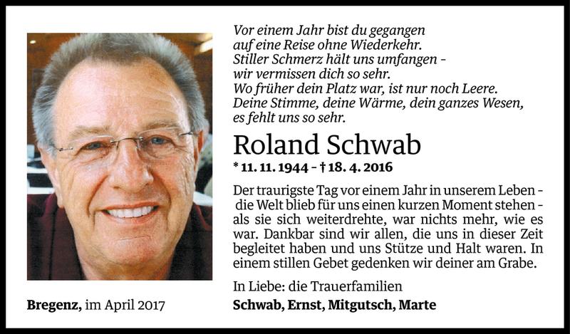  Todesanzeige für Roland Schwab vom 14.04.2017 aus Vorarlberger Nachrichten